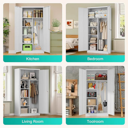 Wide & Deep Metal Storage Cabinet with Hanging Rod,White Broom Closet Storage Cabinet with Lock,72" Tall Wardrobe Cabinets with Doors and Shelves,Locking Steel Tool Cabinets for Home,Office,Garage