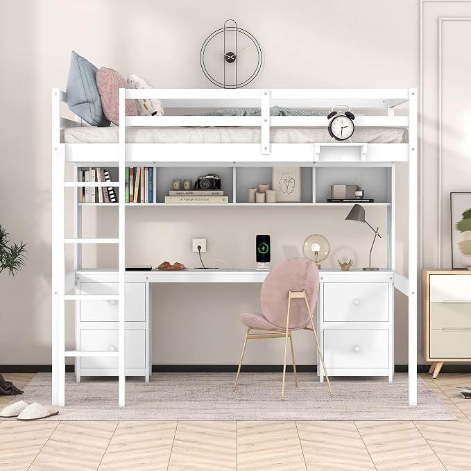 Full Size Loft Bed with Desk, Storage Cabinets, Drawers and Bedside Tray, Multifunctional Full Beds with Plug Outlets & 2 USB Port, White