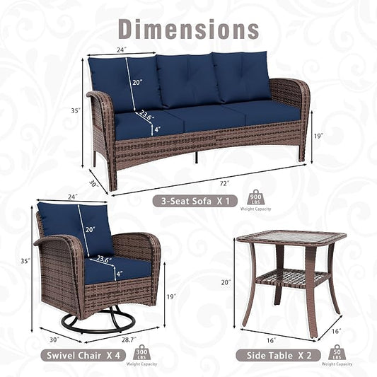 7 Piece Patio Conversation Set – 2 Swivel Rocking Chairs, 2 Coffee Tables & 3-Seater Sofa | PE Wicker Patio Sectional | Heavy-Duty Steel Frame & Weatherproof Cushions, Blue