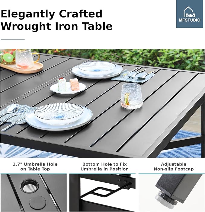 MFSTUDIO Outdoor Dining Set for 8, Patio Table and Chairs Set with Umbrella Hole, 9 Piece Patio Furniture Dining Set for Deck Yard Poolside | Rectangular metal table & swivel chairs, Umbrella hole, for deck garden poolside, All weather reistant