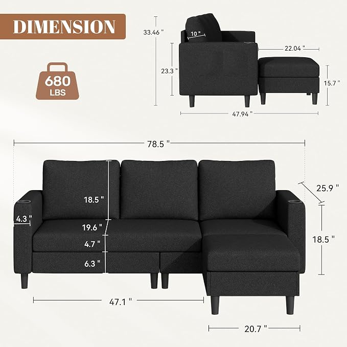 Luxanimarion Upholstered Sectional Sofa and Couches, 78'' L Shaped 3-seat Sofa forLiving Room, Apartment,Lounge,Bedroom-Washable Covers Convertible Sofas(Linen Fabric,Black)