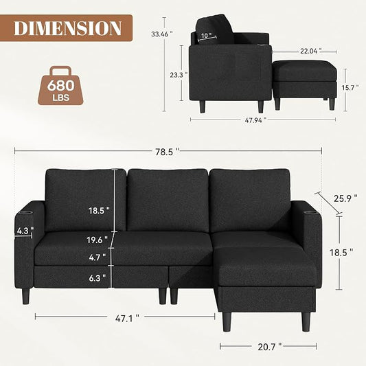 Luxanimarion Upholstered Sectional Sofa and Couches, 78'' L Shaped 3-seat Sofa forLiving Room, Apartment,Lounge,Bedroom-Washable Covers Convertible Sofas(Linen Fabric,Black)