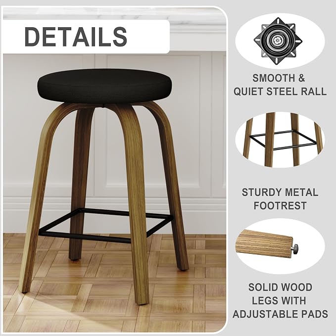 Bar Stools Set of 2, Counter Height Backless Bar Stools, 26" Swivel Barstools Kitchen Chair with Upholstered Fabric Seat, Black
