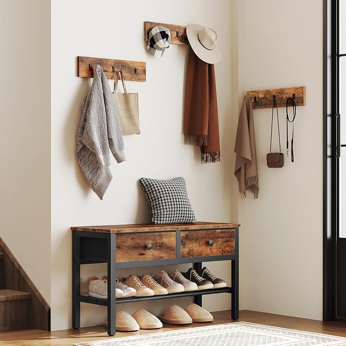 YATINEY Hall Tree with Bench and Shoe Storage, Entryway Bench with Coat Rack, 4-in-1 Coat Rack Shoe Bench, Multifunctional, for Front Door, Hallway, Foyer, Rustic Brown and Black MT05BR