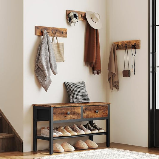YATINEY Hall Tree with Bench and Shoe Storage, Entryway Bench with Coat Rack, 4-in-1 Coat Rack Shoe Bench, Multifunctional, for Front Door, Hallway, Foyer, Rustic Brown and Black MT05BR