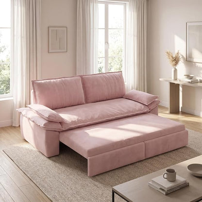 73.2" Sofa Bed Queen, 3-in-1 Pull Out Sofa Bed with Pillow Armrest, Modern Velvet Convertible Sleeper Futon Sofa for Living Room Small Space, Apartment, Bedroom, Pink