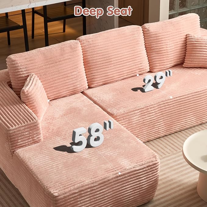 ovios 104" Cloud Boneless Couch with L-Shape Chaise,Modern Sectional Modular Sofa with Deep Seat, Upholstered Couches for Living Room Bedroom,No Assembly Required, Pink (Plush Corduroy Fabric)