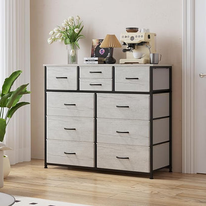LUMTOK 10-Drawer Dresser, Fabric Storage Tower with Drawers for Bedroom, Dresser Drawer with Handle for Bedroom, Living Room, Hallway, Closets & Nurseryteel Frame, Wood Top (10 Drawer/Greige)
