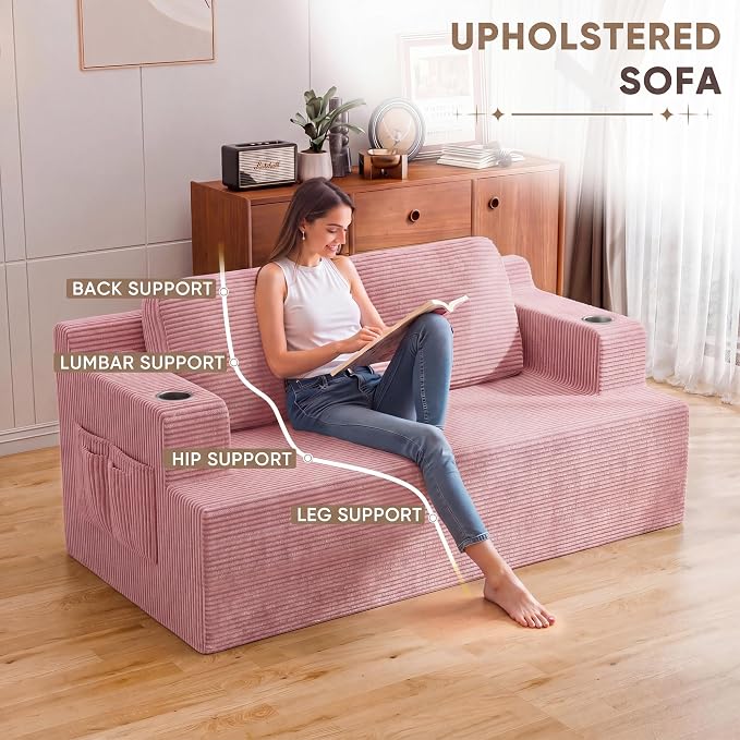 Homall 67” Cloud Couch Sofa 2 Seater Comfy Upholstered Loveseat Floor Sofa with High Density Memory Foam, No Assembly Required, Boneless Couch for Bedroom Living Room (Pink, Loveseat)