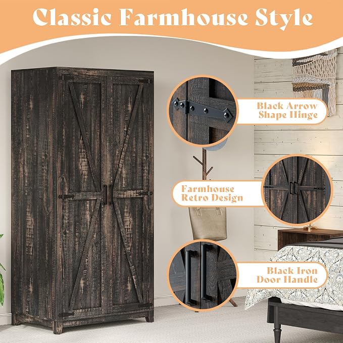 LUXOAK 70" Large Armoire Wardrobe Closet with Hanging Rod, Farmhouse Clothing Storage Cabinet with 2 Barn Doors, Wooden Tall Bedroom Armoires with Shelf, Dark Oak Wood