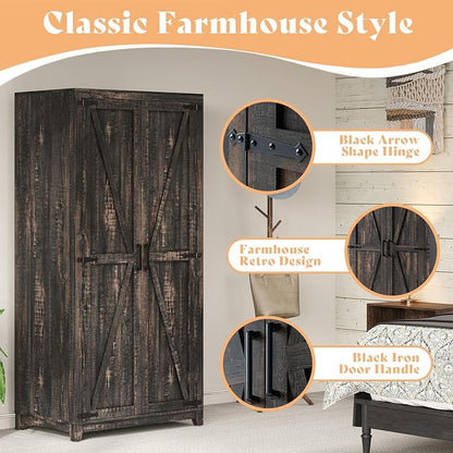 AMERLIFE Farmhouse Armoire Wardrobe Closet with 2 Barn Doors, 71'' Storage Cabinet with Hanging Rod & Shelf, Versatile Clothing Storage for Bedroom, Black Oak