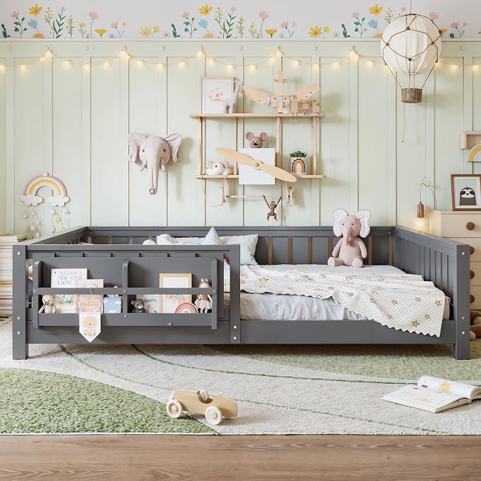 Bellemave Gray Natural Montessori Floor Bed with Fence and Slats, Queen Size Montessori Floor Bed with Bookcase and High Rails, Easy Assemble Bed Frame for Girls, Boys, Queen