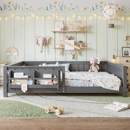 Bellemave Gray Natural Montessori Floor Bed with Fence and Slats, Queen Size Montessori Floor Bed with Bookcase and High Rails, Easy Assemble Bed Frame for Girls, Boys, Queen