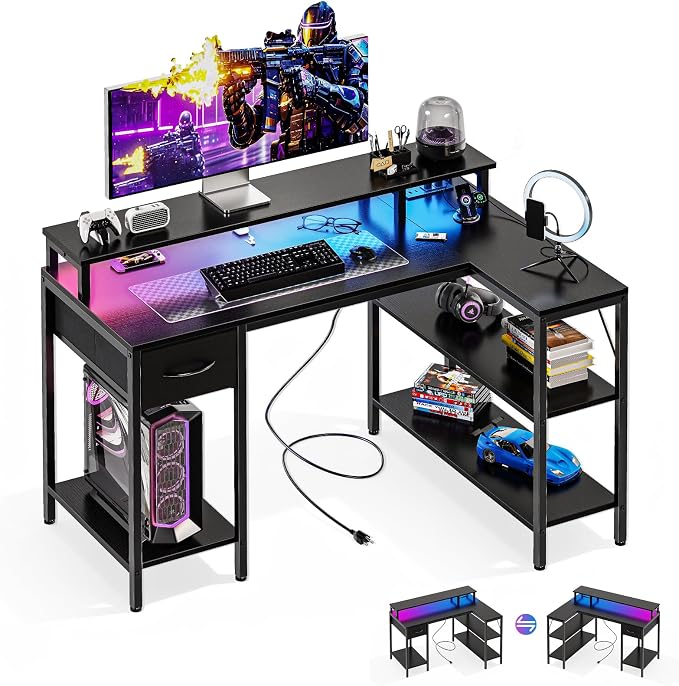 DUMOS 47” Gaming Desk with USB Charging Ports & LED Lights, Reversible L Shaped Desks Computer Corner Gamer Table with Stand Storage Shelves for Home Office Small Space, Modern Black