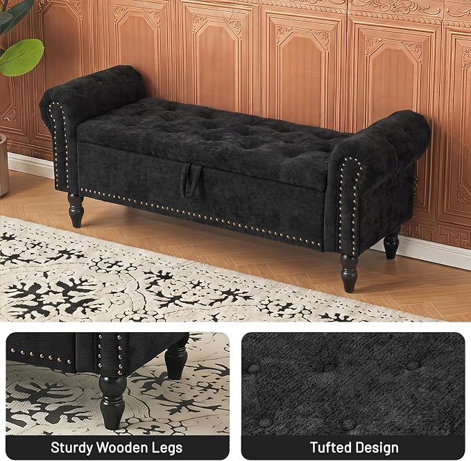Furniliving 51” End of Bed Storage Bench, Bedroom Bench with Button-Tufted, Upholstered Storage Ottoman Benches Window Bench with Storage, Chenille Bench for Living Room, Entryway, Black