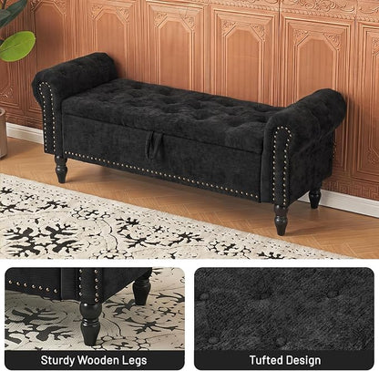 Furniliving 51” End of Bed Storage Bench, Bedroom Bench with Button-Tufted, Upholstered Storage Ottoman Benches Window Bench with Storage, Chenille Bench for Living Room, Entryway, Black