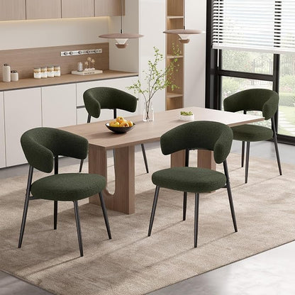 Dining Chairs Set of 6, Mid Century Modern Kitchen Chairs, Boucle Upholstered Dining Chair with Curved Backrest & Metal Legs for Kitchen Dining Room, Green