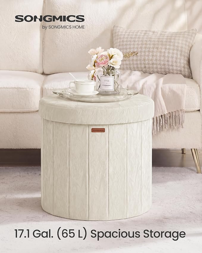 SONGMICS Mazie Collection - Round Storage Ottoman, Folding Footrest Stool with Removable Lid, Easy Assembly, PU Leather Vanity Stool for Bedroom, Living Room, Entryway, Cream White ULSF609WD01