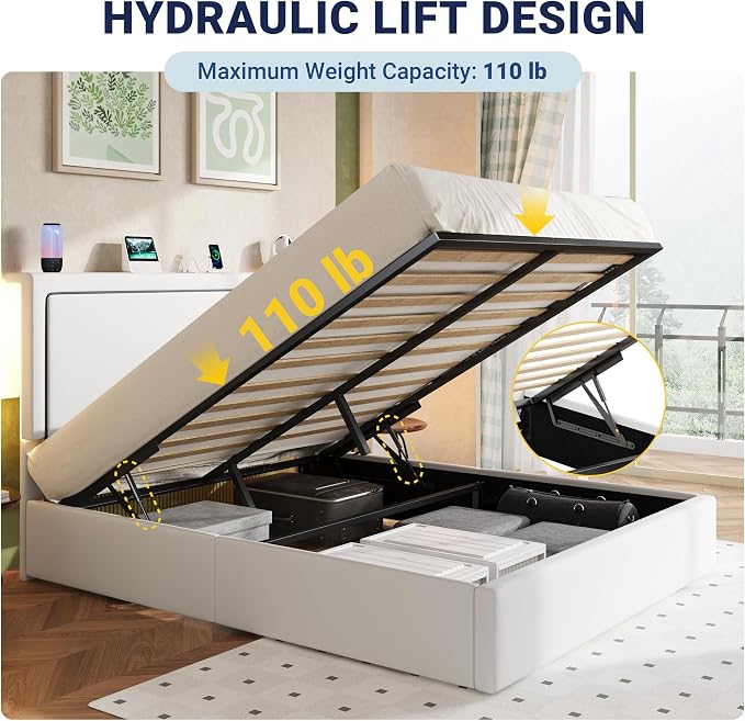 Allewie Queen Size Lift Up Storage Bed Frame with Charging Station & LED Lights, Adjustable Velvet Upholstered Storage Headboard, Type-C & USB Ports, Hydraulic Support, No Box Spring Needed, White