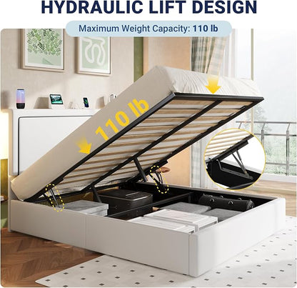 Allewie Queen Size Lift Up Storage Bed Frame with Charging Station & LED Lights, Adjustable Velvet Upholstered Storage Headboard, Type-C & USB Ports, Hydraulic Support, No Box Spring Needed, White