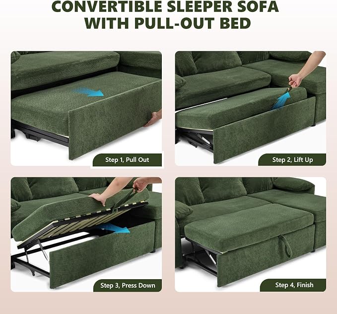 VINGLI Sectional Sleeper Sofa with Pull Out Couch Bed, 85 Inch L-Shaped Convertible Sofa Bed, 5 Seat Modular Sectional Couches for Living Room with Storage Chaise, USB Charging, Side Pockets