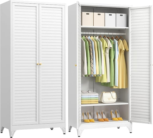 Polup Metal Armoire Wardrobe Closet with Doors, 71" Tall White Wardrobe Cabinet with Hanging Rod and Adjustable Shelves, Steel Clothing Storage Cabinet for Bedroom, School, Employee, Gym, Office