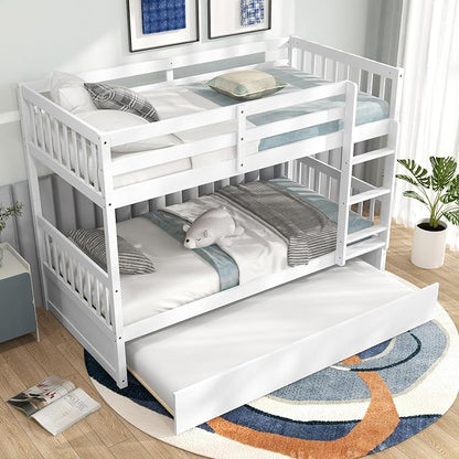 MAT EXPERT Twin Over Twin Bunk Bed with Trundle, Solid Wood Bunk Bed Frame w/Ladder, Slats & Rail, Convertible Twin Size Platform Bed for Kids, Space-Saving Bunk Beds for Bedroom Dorm (White)