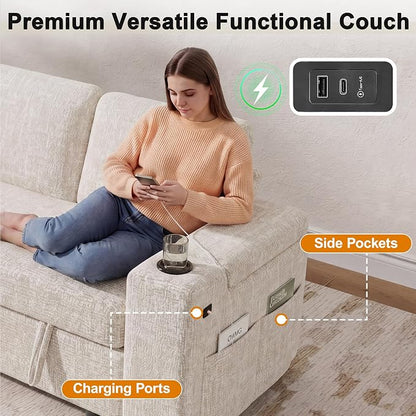 Vipbear Premium 86" Modular Sectional Sleeper Sofa, 3 Seat Chenille Sofa with Pull Out Bed, L Shaped Couch with Storage Chaise & Armrests|USB Ports|Cup Holders|Side Table, White
