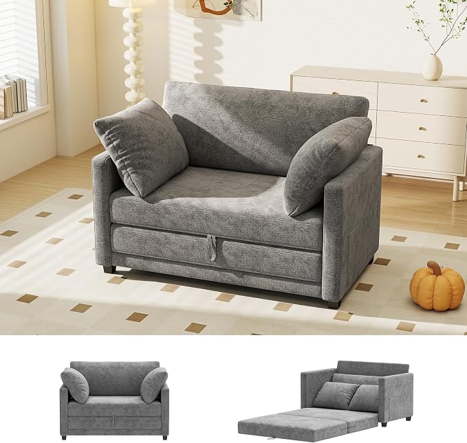 Myroyalsit 51" Convertible Sofa Bed, 2 in1 Folding Sofa Bed, Loveseat Sleeper Sofa for Small Spaces, Fold Out Floor Couch with 2 Pillows for Apartment, Living Room & Guest Room, Grey Chenille Fabric