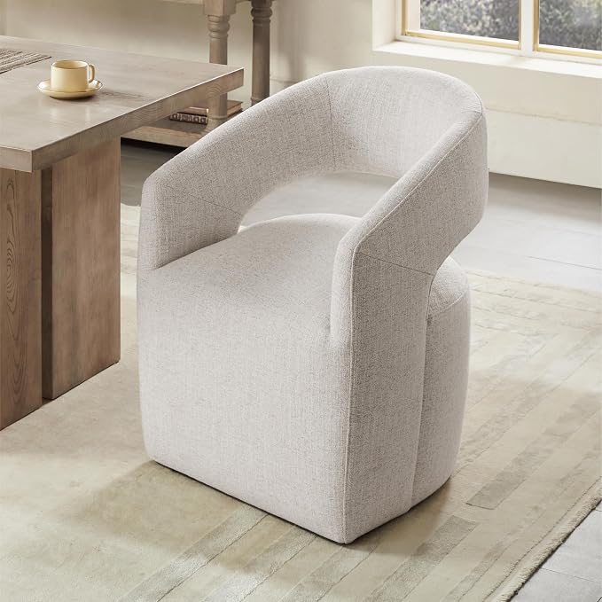 KISLOT Upholstered Dining Chairs with Casters, No Assembly Modern Barrel Armchair with Rollers for Dining Room, Bedroom, Living Room, Reading Room, Home Office, Set of 4, Beige