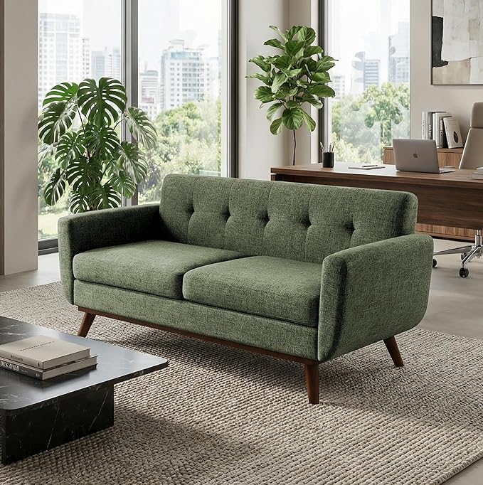 Kingfun 65.2" W Loveseat Sofa, Mid Century Modern Decor Love Seat Couches for Living Room, Button Tufted Upholstered Furniture, Solid & Easy to Install Small Couch for Bedroom Office Apartment, Green
