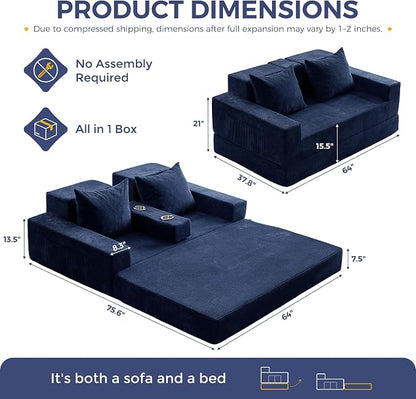 MAXYOYO Loveseat Sofa Bed, 64" Foldable Floor Sofa Couch in A Box with 2 Cup Holders, 4 in 1 Convertible Boneless Couch Folding Recliner Chair for Living Room, No Assembly Required, Navy