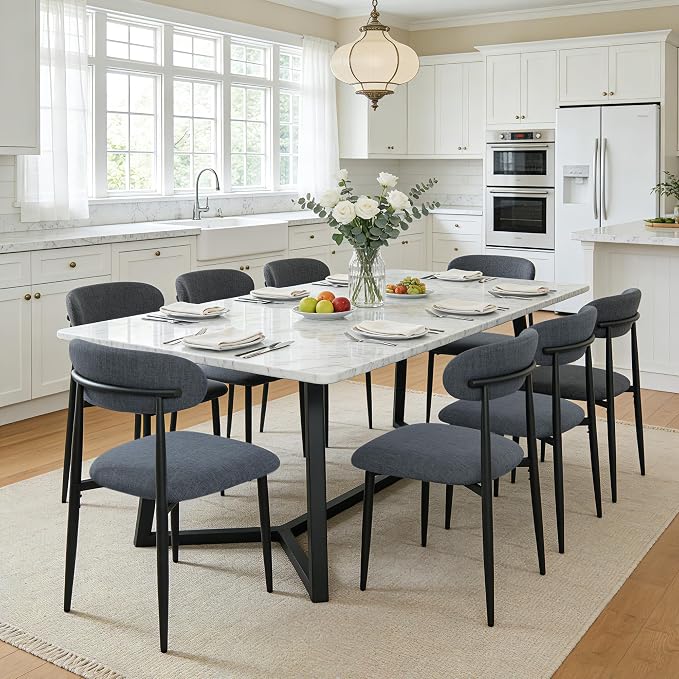 FREKEN Modern Upholstered Dining Chairs Set of 8, Mid-Century Metal Frame Linen Fabric Side Chair for Kitchen Dining Room, 350lbs Capacity, Grey