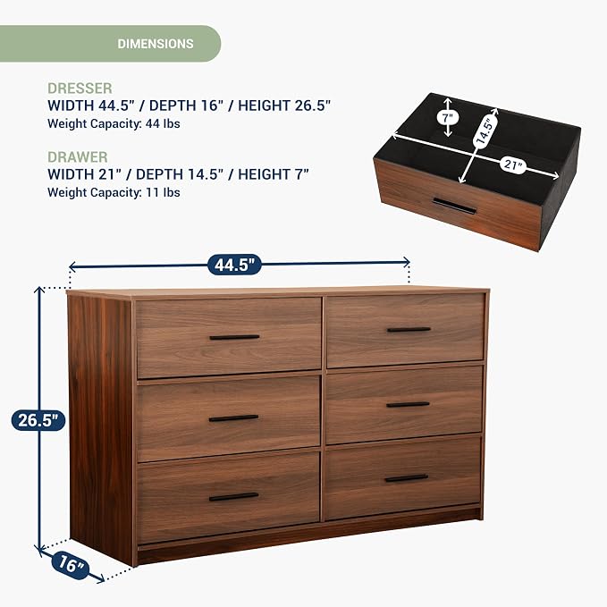 Modern 6-Drawer Dresser with Spacious Storage, Sturdy Wood Frame, Large Capacity Fabric Drawers, Dressers for Bedroom, Home Organization Storage for Living Room or Hallway, Walnut | 6-drawer dresser, fabric storage drawers, sturdy wood frame, bedroom o...