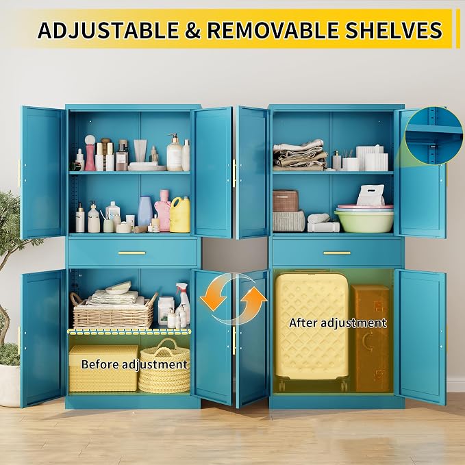 Metal Kitchen Pantry Cabinet, 71"Tall Cabinet with 1 Drawer, Doors and 2 Adjustable Shelves, Pantry Cabinets for Kitchen Storage, Metal Storage Cabinet for Kitchen, Dining Room, Living Room- Blue