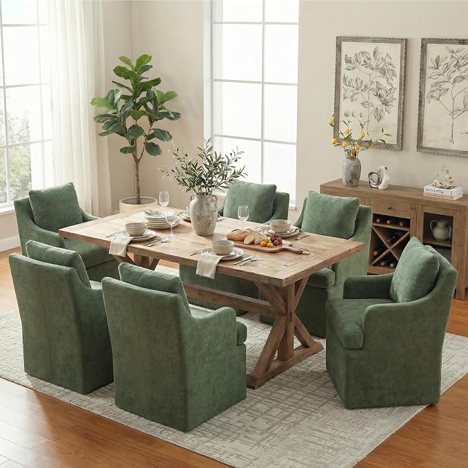 VKNOW Upholstered Dining Chairs Set of 6, Modern Kitchen Chairs Dining Room Chairs with 4 Casters, Chenille Armchair for Bedroom Reading Room Living Room, Green