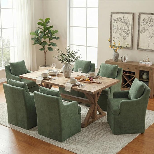 VKNOW Upholstered Dining Chairs Set of 6, Modern Kitchen Chairs Dining Room Chairs with 4 Casters, Chenille Armchair for Bedroom Reading Room Living Room, Green