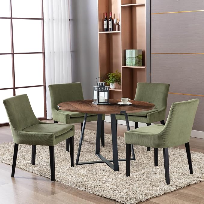 COLAMY Modern Dining Chairs Set of 2, Upholstered Corduroy Accent Side Chairs with Mid Back and Wood Legs for Living Room/Dining Room- Light Green