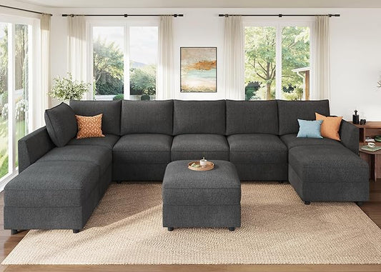 HONBAY Modular Sectional Sofa with Storage, U Shaped Couch Modular Convertible Sectional Couches for Living Room - Snowflake Velvet Grey