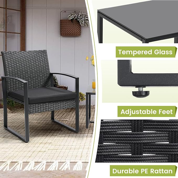 Murago 3-Piece Patio Bistro Set - Outdoor Rattan Conversation Chair Set with Glass Coffee Table & Cushions - Perfect for Balcony, Porch, Garden, Poolside, Black/Black