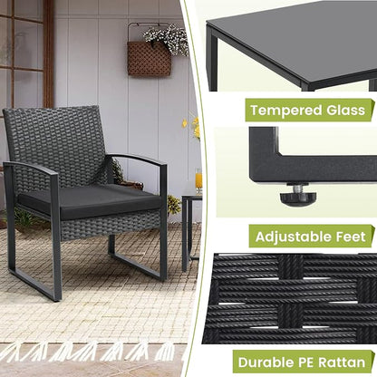 Murago 3-Piece Patio Bistro Set - Outdoor Rattan Conversation Chair Set with Glass Coffee Table & Cushions - Perfect for Balcony, Porch, Garden, Poolside, Black/Black