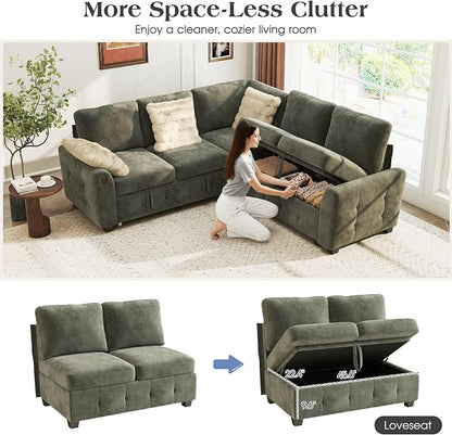 Ihanherry L-Shaped Sectional Sofa Bed with Storage, 5-Seater Convertible Pull Out Sleeper Sofa with USB Charging Ports, 4 Pillows & Wide Armrests, Chenille Fabric for Living Room, Apartment（Gray）
