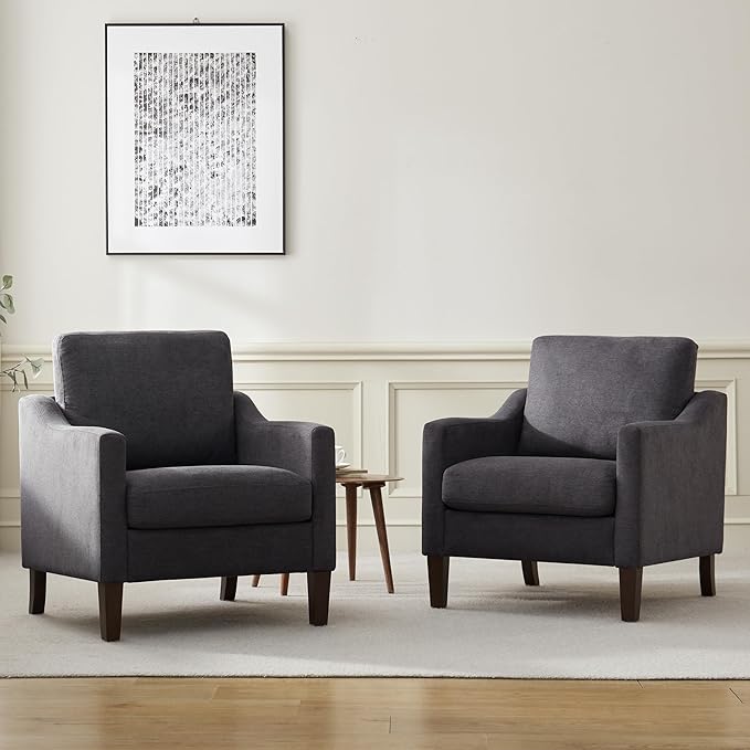 VKNOW Mid-Century Accent Chairs Set of 2, No Tools Assembly Required, Modern Upholstered Polyester Armchairs for Living Room & Bedroom, Comfortable Reading Chairs with Wood Legs, Dark Grey