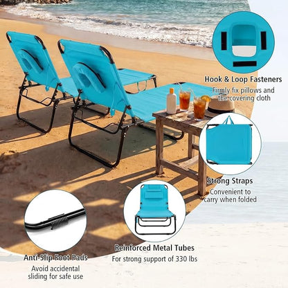 GYMAX Beach Lounge Chair, Sunbathing Chair Patio Lounge Chair Folding Adjustable Recliner with Hole for Face