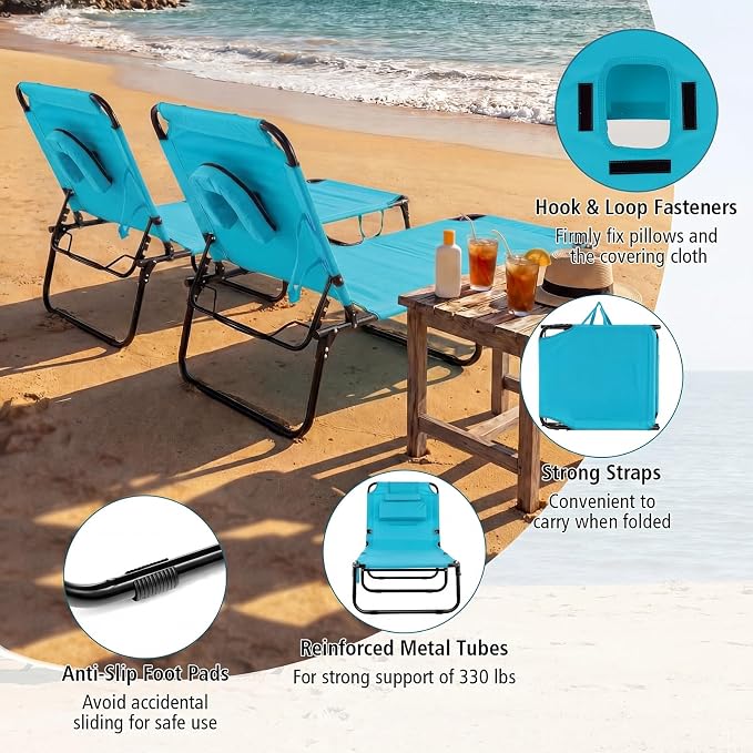 GYMAX Beach Lounge Chair, Sunbathing Chair Patio Lounge Chair Folding Adjustable Recliner with Hole for Face