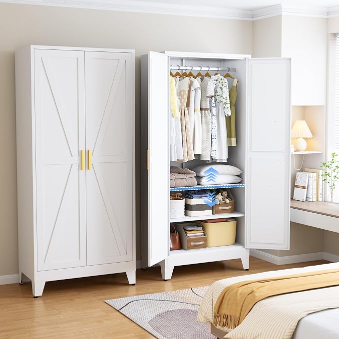 71" H Wardrobe Closet with Doors, Metal Wardrobe Cabinet with 2 Doors and 2 Adjustable Shelves, Armoire Wardrobes Closet with Hanging Rod, Closets for Bedroom, Laundry Room, White