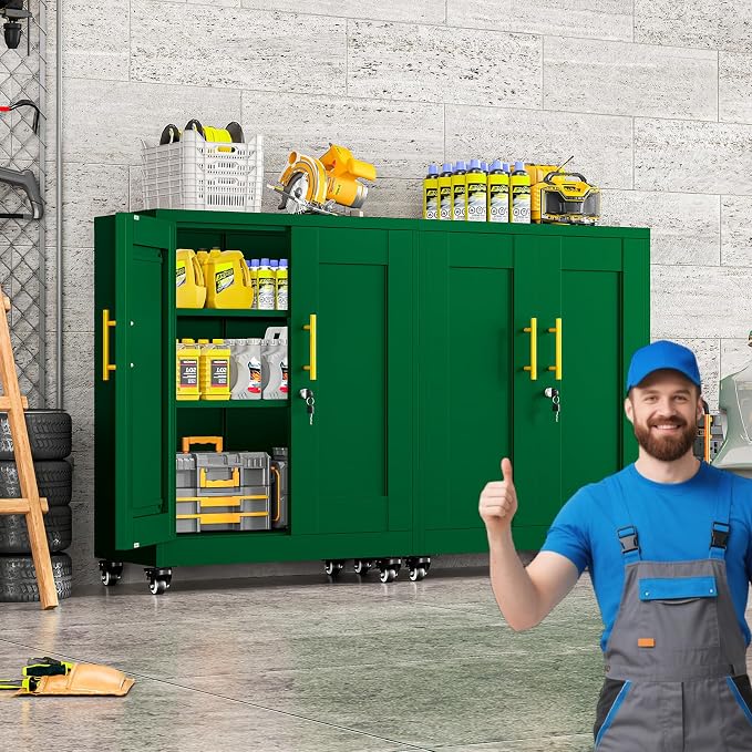 35.4" Metal Garage Storage Cabinet with Wheels and Locking Doors | Tall Rolling Steel Tool Cabinet with 2 Adjustable Shelves for Garage,Home,Office,Shop (Green, 35.4''H x 27.6''W x13.8''D)
