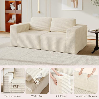 Vesgantti 80" Modular Sectional Sofa, Corduroy Cloud Couch with Deep Seating & Spring Support, 2 Seater Compact Modular Couch, Boneless Sectional Sofa for Small Spaces, No Assembly Required, Beige