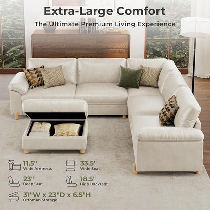 SITJOY Large Cloud Couch, 106" Wide 5 Seater V Shape, Faux Leather in White | Pet-Friendly Scratch-Resistant Leather Sectional Sofas for Living Room, Deep Seat Wide Couch with Chaise, Storage Ottoman