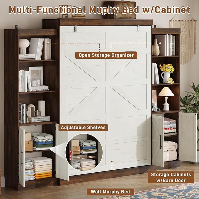 Hlivelood Queen Size Murphy Bed w/2 Storage Cabinet&2 LED Light, Farmhouse Wood Hidden Foldable Wall Bed Frame, Storage Bed Cabinet for Bedroom, Office, Space-Saving, No Box Spring Needed, White